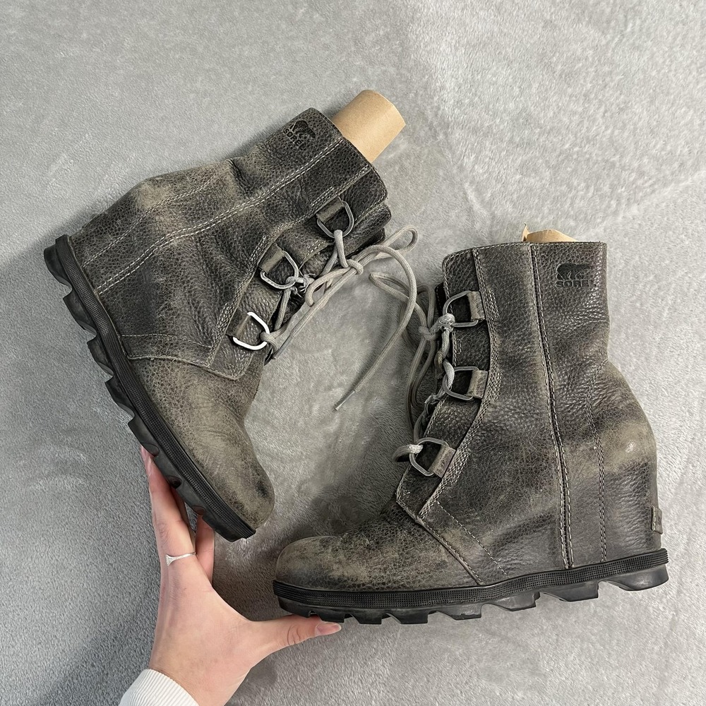 Sorel Boots Womens Size 9.5 Gray Leather Wedge Mid Calf Combat Lace Up Booties